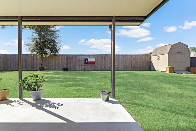 view of yard with a patio area and a shed