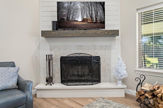 details with wood-type flooring and a tile fireplace