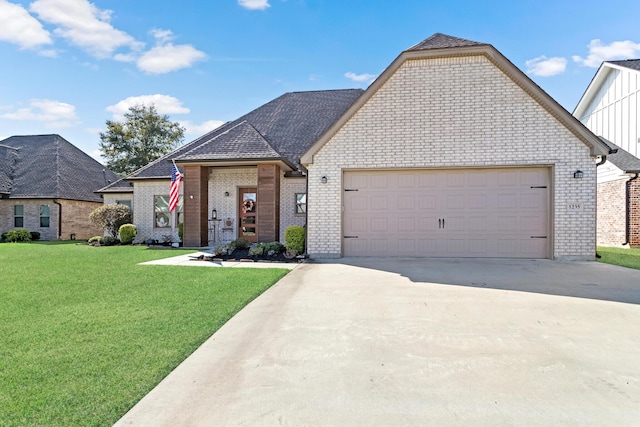 view of front of property featuring a garage and a front lawn