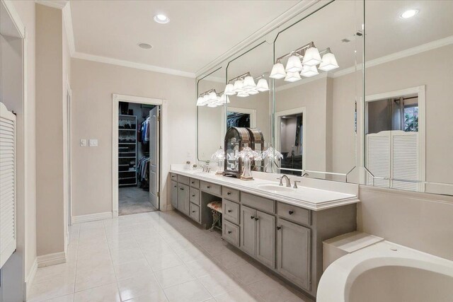 6401 Steeple Chasse Dr, Orange, TX 77632 - bathroom with tile patterned flooring, crown molding, and vanity