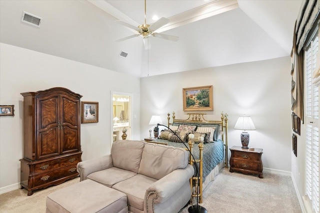 6401 Steeple Chasse Dr, Orange, TX 77632 - bedroom featuring vaulted ceiling, connected bathroom, light colored carpet, and ceiling fan