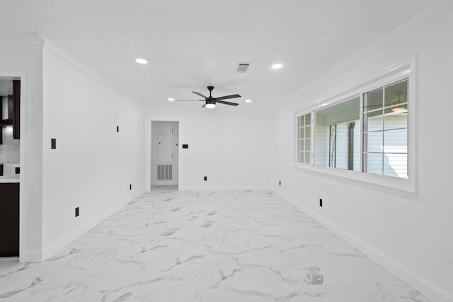 2319 Helena Ave, Nederland, TX 77627 - spare room with light marble finish flooring, recessed lighting, ornamental molding, baseboards, and a ceiling fan