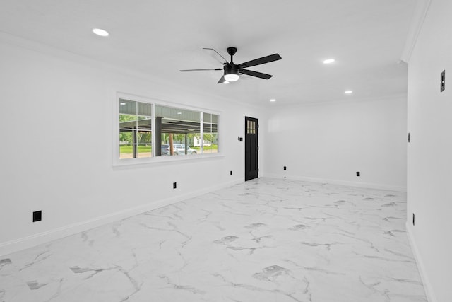 2319 Helena Ave, Nederland, TX 77627 - spare room with recessed lighting, ceiling fan, baseboards, marble finish flooring, and crown molding