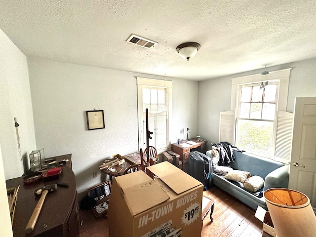 interior space featuring a textured ceiling, light hardwood / wood-style floors, and a healthy amount of sunlight