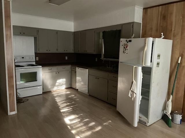 kitchen with hardwood / wood-style flooring, white appliances, gray cabinets, and sink