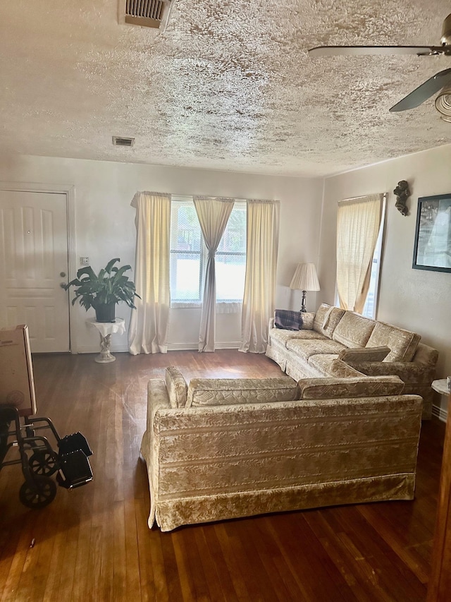 4350 Dallas Ave, Beaumont, TX 77703 - living room with ceiling fan, wood-type flooring, and a textured ceiling