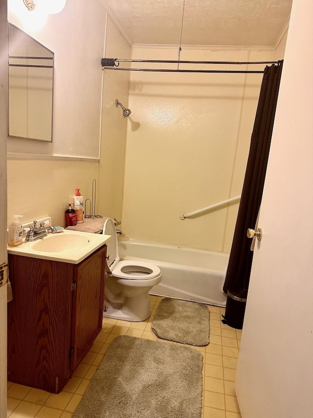 full bathroom featuring tile patterned flooring, vanity, a textured ceiling, and shower / tub combo with curtain