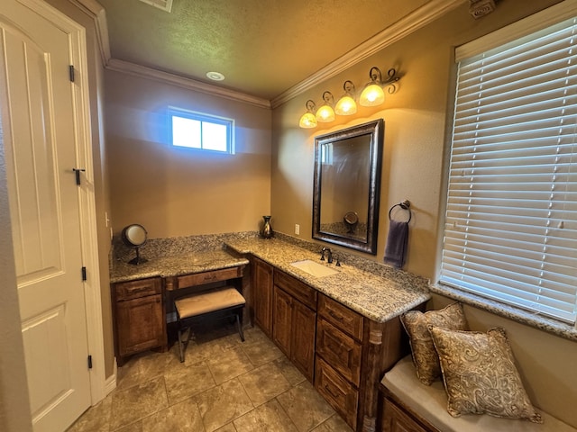 156 Remington Cir, Lumberton, TX 77657 - bathroom featuring crown molding, a textured ceiling, and vanity
