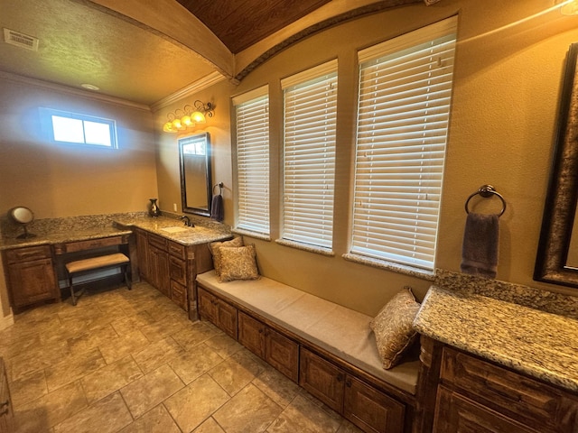 156 Remington Cir, Lumberton, TX 77657 - bathroom featuring crown molding, stone finish floors, and vanity