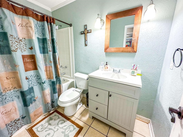 671 Birchwood Dr, Port Neches, TX 77651 - full bath featuring ornamental molding, vanity, toilet, tile patterned flooring, and shower / tub combo