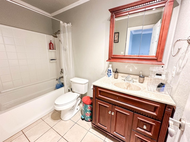 671 Birchwood Dr, Port Neches, TX 77651 - bathroom with ornamental molding, vanity, toilet, shower / bathtub combination with curtain, and tile patterned flooring