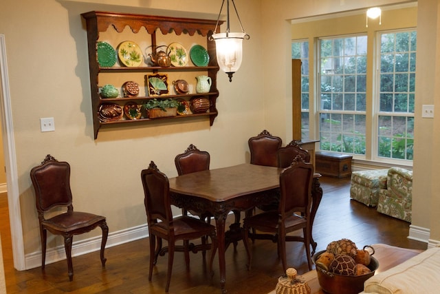 dining area featuring a healthy amount of sunlight and dark wood-type flooring