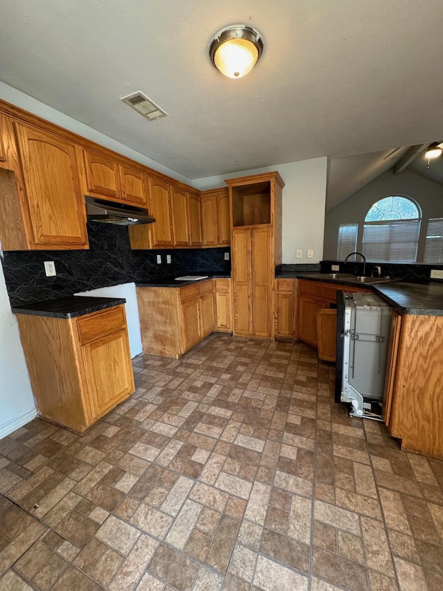 kitchen featuring decorative backsplash, sink, and vaulted ceiling