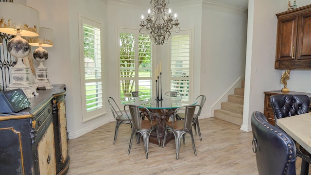 5065 Turner Rd, Orange, TX 77630 - dining space featuring a chandelier, stairway, plenty of natural light, light wood finished floors, and crown molding