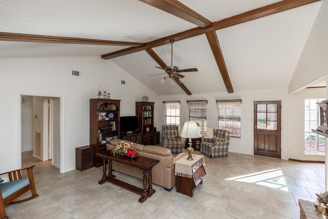 living room featuring high vaulted ceiling, a textured ceiling, beam ceiling, and ceiling fan