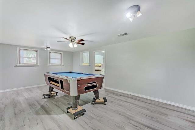 2125 10th St, Port Neches, TX 77651 - rec room featuring pool table, light wood-style flooring, baseboards, and a ceiling fan