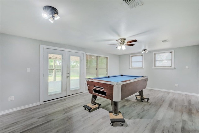 2125 10th St, Port Neches, TX 77651 - playroom featuring french doors, billiards, light wood finished floors, baseboards, and a ceiling fan