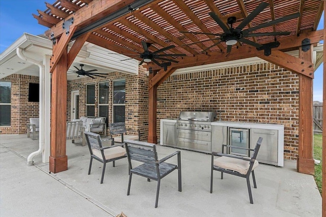 view of patio / terrace with a pergola, an outdoor kitchen, area for grilling, an outdoor living space, and ceiling fan