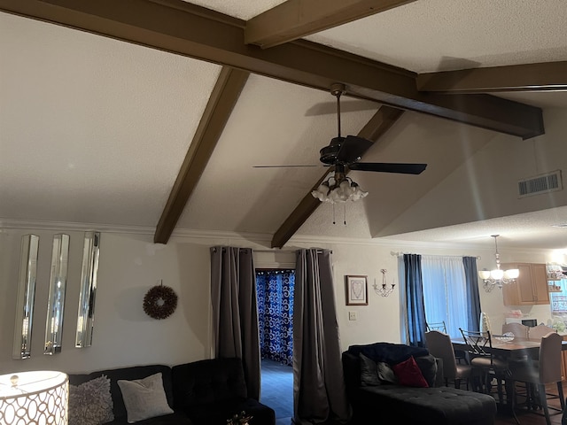 living room with vaulted ceiling with beams and ceiling fan with notable chandelier