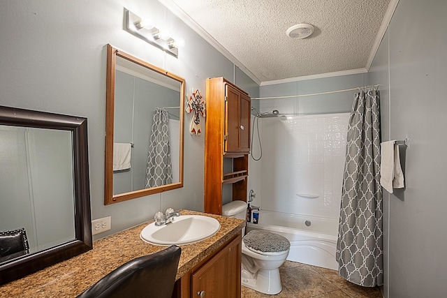 full bathroom featuring vanity, shower / bath combination with curtain, toilet, ornamental molding, and a textured ceiling