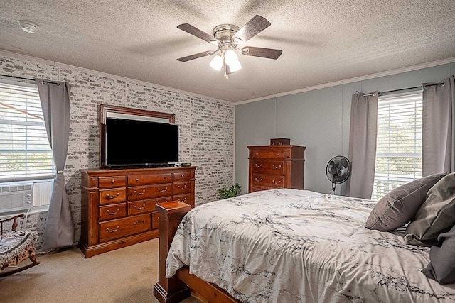 bedroom with light colored carpet, ceiling fan, and crown molding