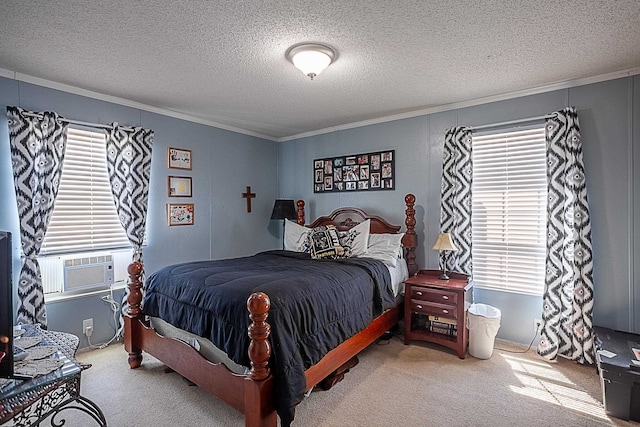 carpeted bedroom with crown molding, cooling unit, and a textured ceiling