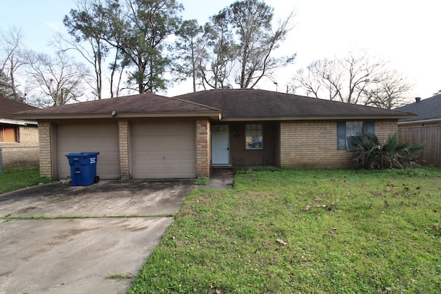 single story home featuring a front yard and a garage