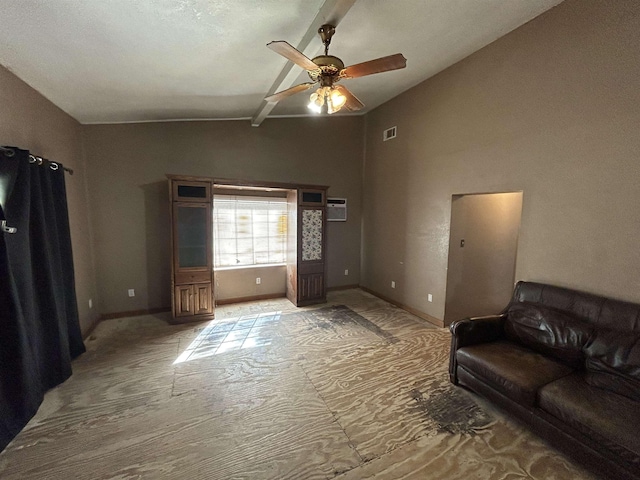 living room featuring ceiling fan and lofted ceiling with beams