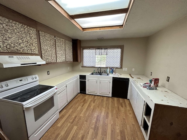 kitchen with electric range, dishwasher, sink, light hardwood / wood-style floors, and exhaust hood