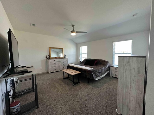 3040 Allie Payne, Orange, TX 77632 - bedroom featuring carpet, a ceiling fan, visible vents, lofted ceiling, and baseboards