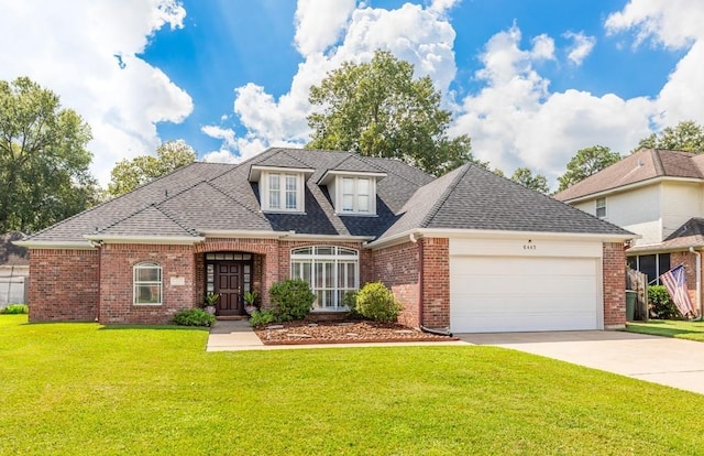 view of front of property featuring a garage and a front lawn