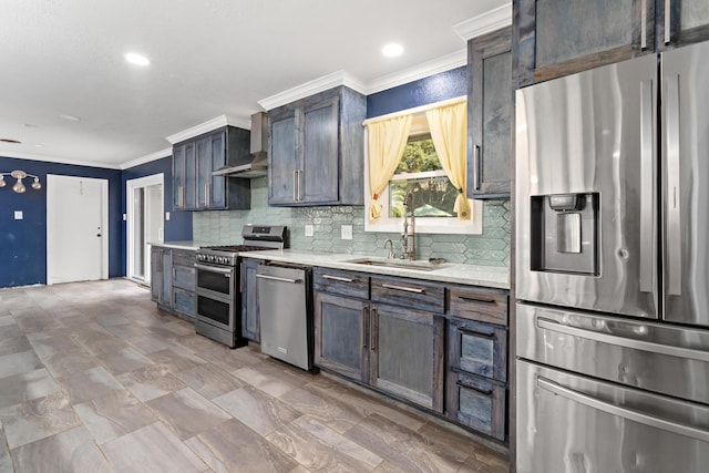 kitchen with decorative backsplash, appliances with stainless steel finishes, wall chimney exhaust hood, crown molding, and sink