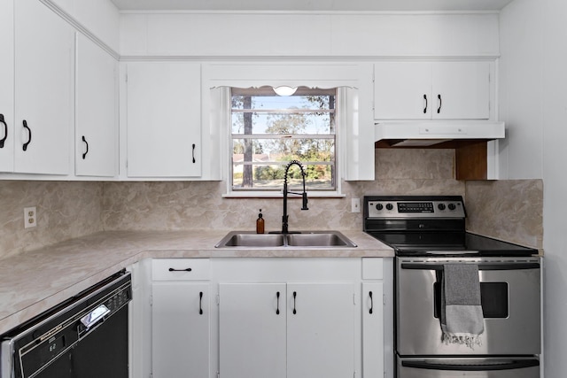 kitchen with stainless steel electric stove, black dishwasher, white cabinets, and sink