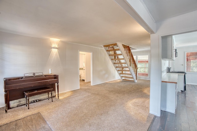 interior space featuring crown molding, carpet floors, baseboards, and stairway