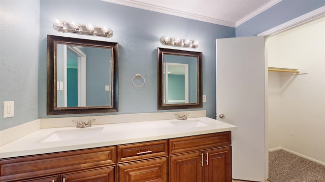 full bath with ornamental molding and double vanity