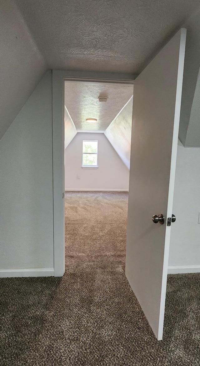 bonus room featuring a textured ceiling, vaulted ceiling, and carpet