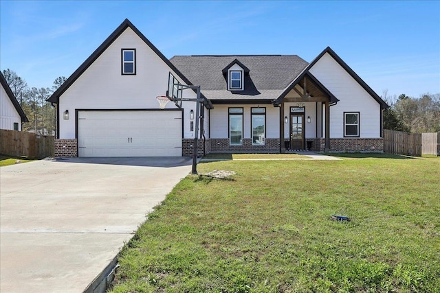 modern farmhouse style home with fence, a front lawn, concrete driveway, and brick siding