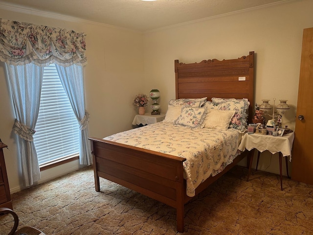 carpeted bedroom with ornamental molding and multiple windows