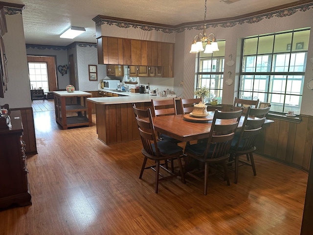 dining room featuring a textured ceiling, light hardwood / wood-style floors, an inviting chandelier, and a wealth of natural light