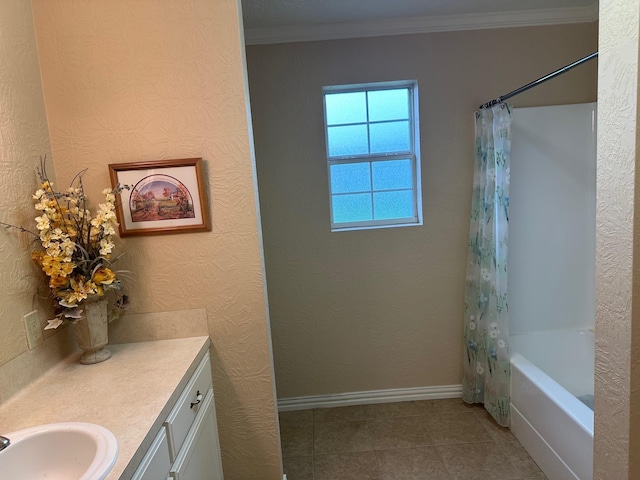 bathroom with shower / tub combo, vanity, tile patterned floors, and crown molding