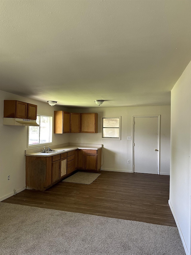 2910 Dowling St, Orange, TX 77630 - kitchen featuring brown cabinetry, baseboards, light countertops, dark wood-style flooring, and a sink