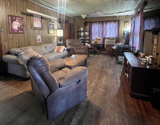 interior space with wood walls and dark wood-type flooring