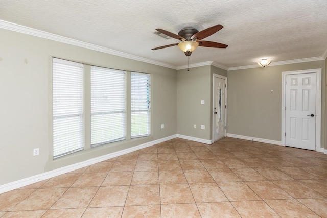 970 Charleston Cir, Bridge City, TX 77611 - unfurnished room with crown molding, ceiling fan, light tile patterned floors, and a textured ceiling