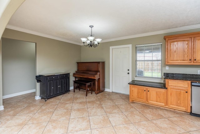 970 Charleston Cir, Bridge City, TX 77611 - kitchen with ornamental molding, arched walkways, a chandelier, stainless steel dishwasher, and light tile patterned flooring