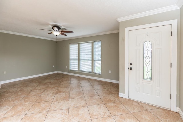 970 Charleston Cir, Bridge City, TX 77611 - entryway featuring ceiling fan, crown molding, and light tile patterned floors