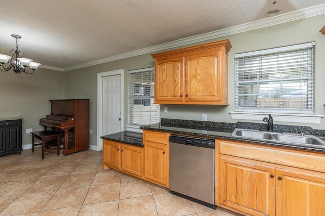 970 Charleston Cir, Bridge City, TX 77611 - kitchen with stainless steel dishwasher, a chandelier, crown molding, plenty of natural light, and light tile patterned floors