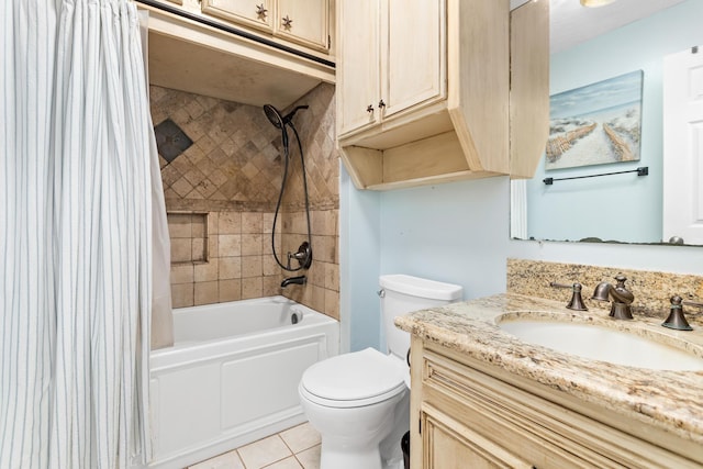 full bathroom featuring tile patterned flooring, shower / bath combo, toilet, and vanity