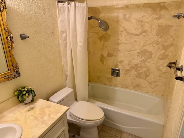 bathroom featuring shower / bath combination with curtain, tile patterned flooring, vanity, and toilet