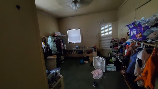 miscellaneous room featuring carpet flooring, ceiling fan, and ornamental molding