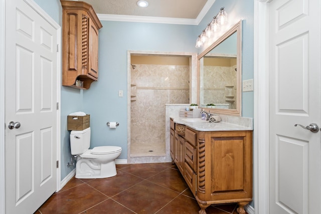 full bath featuring tile patterned flooring, vanity, toilet, ornamental molding, and tiled shower